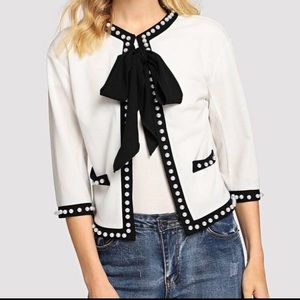 Tie neck pearls embellished blazer
